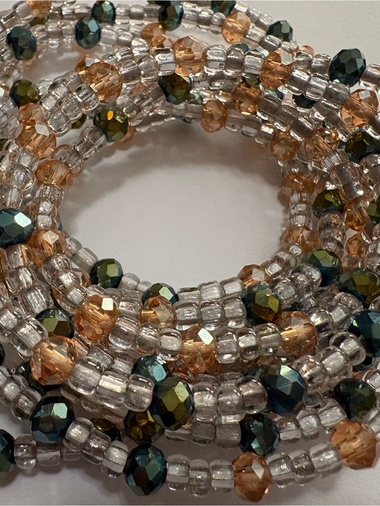 WaistFullofBeads Accessories - “Amber Olivia” Seadbead Waistbead with Crystal Olive-Green and Amber Accents